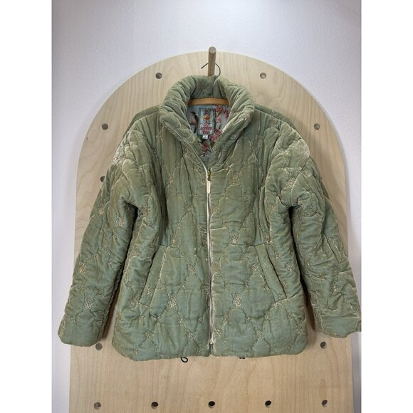 EUC Johnny Was Zaelia Lux Quilted Velvet Puffer Mint Green Coat Gold Trim XS/S - Picture 3 of 16